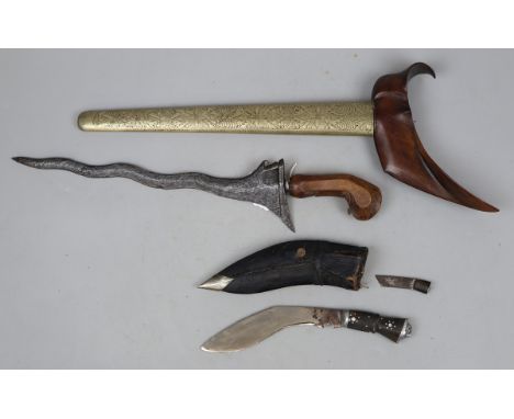 Indonesian/Javanese Kris, with 'water' steel blade and chased brass scabbard- plus small Nepalese kukri