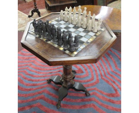 Octagonal tilt top tripod chess table and pieces 