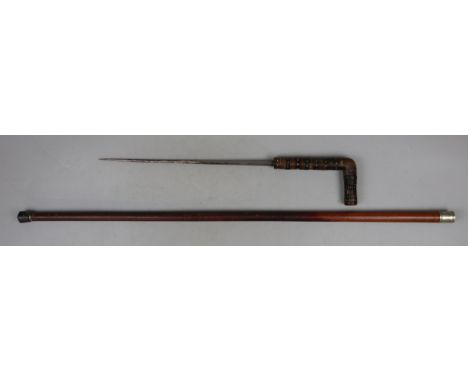 Victorian Malacca cane stiletto bladed Swordstick, segmented horn handle. Mark to blade possibly of Solingen.