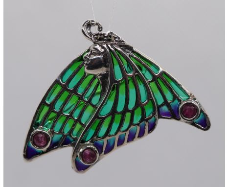Silver enamel and ruby pendant brooch 