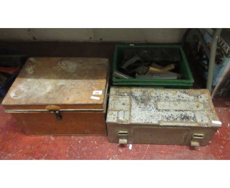 Steel 'Deed box' containing multiple boxes of steel wood screws together with tools and ammunition box 