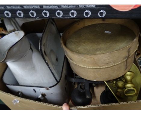 Enamelware, sieve and scales.