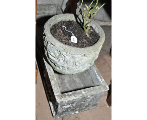 A rectangular weathered concrete garden trough and pot, (2).