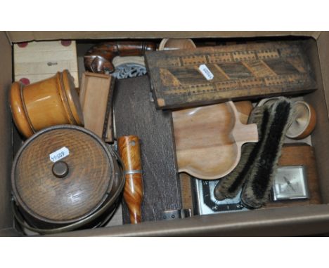 Cribbage board, treen items, barometer, etc.