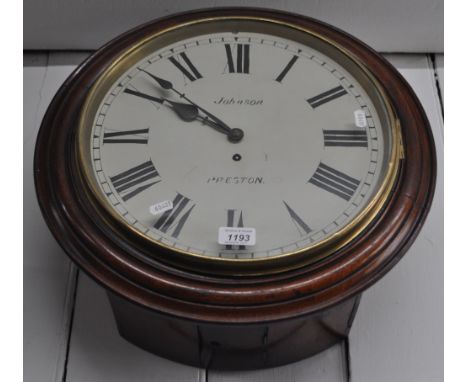 A Victorian mahogany dial wall clock with single fusee movement, by John Johnson of Preston, width 47cm.
