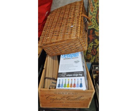 Hamper, toy ukulele, easel, etc.