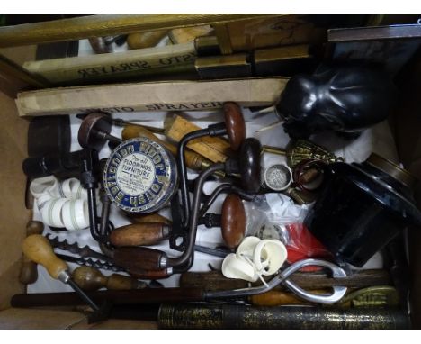 Box of tools including braces, ebony elephant, prints, etc.