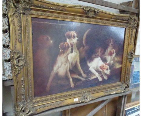 Large oleograph on panel, study of dogs, gilt framed