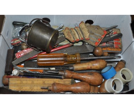 A tray of tools including penknives and boxwood ruler.