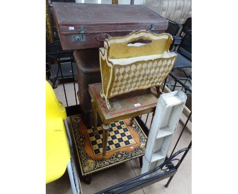 2 Vintage suitcases, painted shelf, games table, magazine rack, etc.