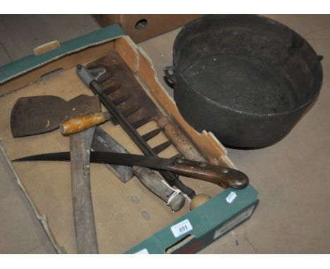 Iron pan, various tools.