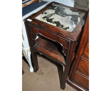 A Chinese rosewood jardiniere stand, with inset marble top and shelf under, width 41cm, height 80cm.