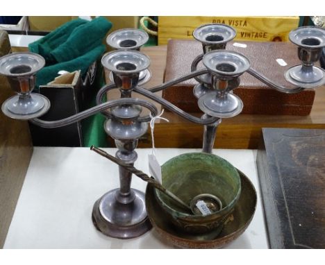 Pair of 2-branch plated candelabrum, toddy ladle and 2 Eastern brass bowls