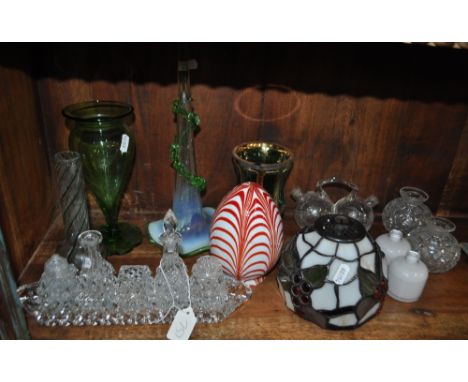 Tiffany style lamp shade and another, and various glassware.