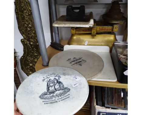 3 Victorian ceramic stands, and a set of scales.
