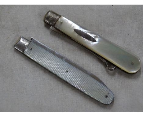 Victorian silver and mother of pearl pocket knife and a silver and mother of pearl pocket button hook, (2).