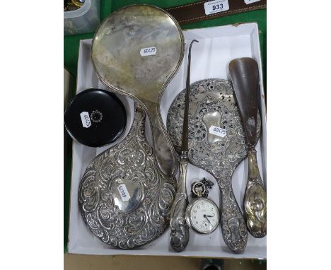 3 silver backed dressing table mirrors, silver handled shoe horn and button hook, plated watch, etc.