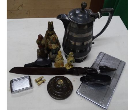 Miniature Stanhope binoculars, a compass, cigarette case, French figures, etc.