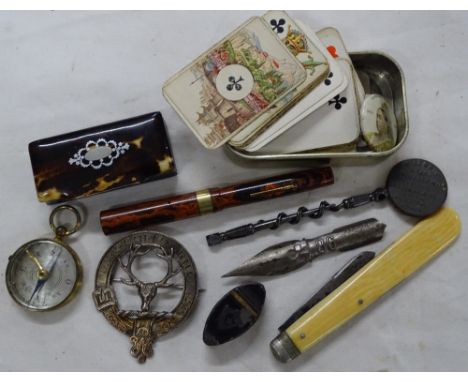 Tortoiseshell silver pique work snuff box, fountain pen, pocket compass and other interesting items.