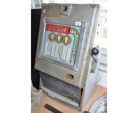 A Vintage "Pay Day" one arm bandit machine, 1 old p play, width 44cm, height 74cm, depth 32cm, (serial no. 18987).