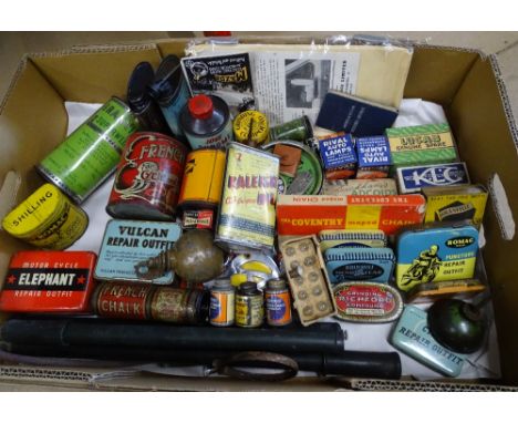 A tray of Vintage car, motorcycle and bicycle items including AA badge, car lamp, etc.