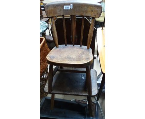 A 19th century child's stick back chair and an Antique elm stool, (2).