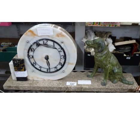 French Art Deco marble mantel clock with spelter dog.