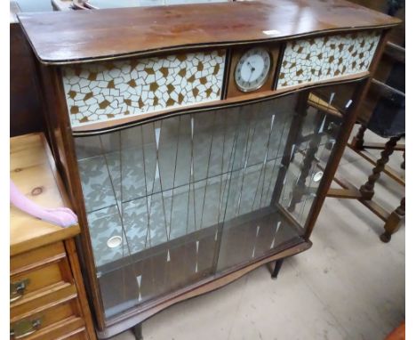 A Vintage walnut glass display cabinet with inset Smith's clock, an oak Pembroke table, pine box and swing toilet mirror.