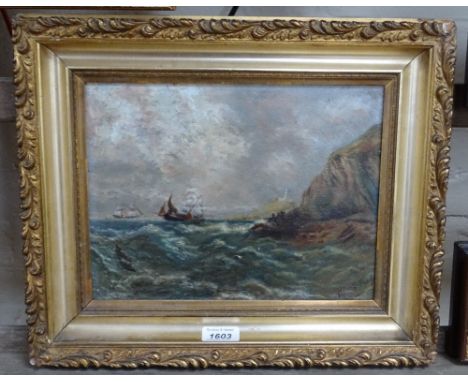 19th century oil on panel, Boats in Rough Seas, indistinctly signed, framed
