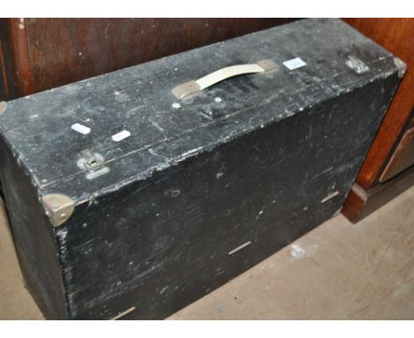 A stained pine carpenter's tool box and tools.