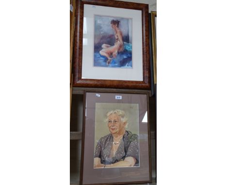 D V MacDonald, watercolour, portrait of a lady, signed with monogram, and Linda Cocks, watercolour, nude portrait, (2).