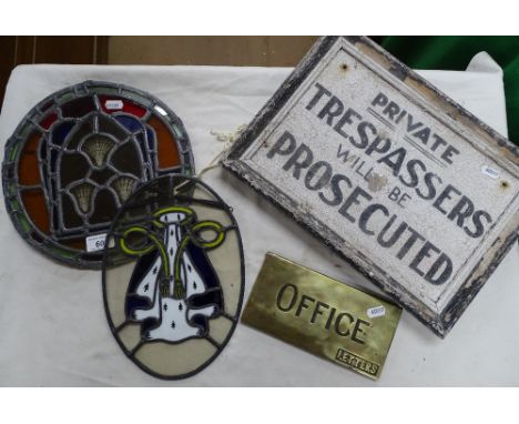 2 Lead light stained glass panels, letter box and a notice board.
