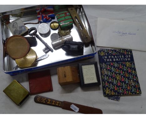 Tins, miniature flat iron and coal box, compact, etc.