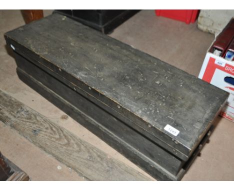A Victorian black painted pine tool chest, length 87cm, depth 28cm, height 24cm.