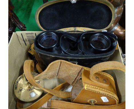 USSR 12 x 40 binoculars, cased and a leather cased Dent's recording clock.