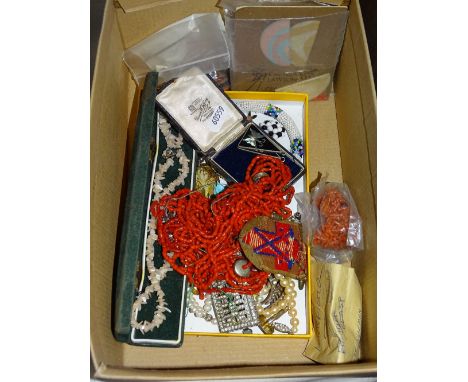 Coral bead necklace, beadwork bangle, mother of pearl jewellery, etc.