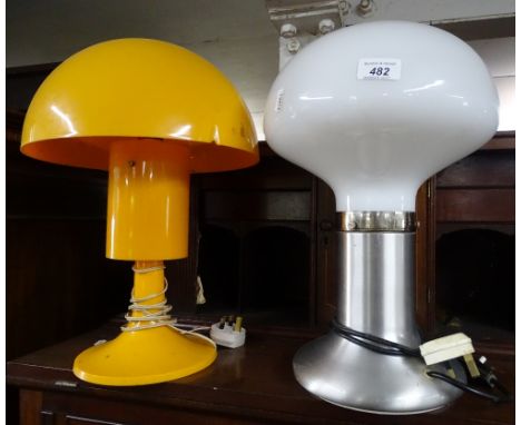 A Retro polished metal lamp with glass shade and an orange plastic table lamp.