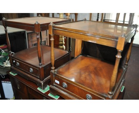 Pair of reproduction mahogany lamp tables with drawer, width 46cm, height 55cm.