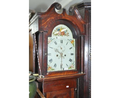 An 18th century 8-day clock, with a 30" arched top enamelled dial, 2 subsidiary dials, in a crossbanded oak case, height 204c