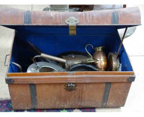 Quantity of brass and copper kettles, jugs, steel pans, etc., and metal trunk.