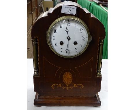 An Edwardian inlaid mahogany cased 2-train mantel clock.