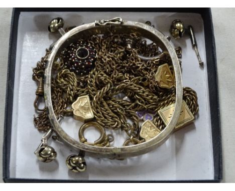Silver and abalone shell bangle, watch chains, garnet pendant, etc.