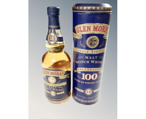 A bottle of Glen Moray Single Speyside Malt Scotch Whisky, 70cl, in metal retail tube 