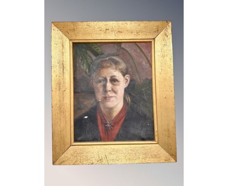 Danish School : Portrait of a lady wearing a red scarf, oil on canvas, 33cm by 40cm