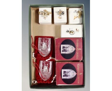 A pair of Waterford Crystal 1999 Nativity Collection three wise men, tree decorations in original boxes and four Swarovski Cr