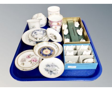A tray of Royal Crown Staffordshire menu holders, Royal Worcester dishes and plates 