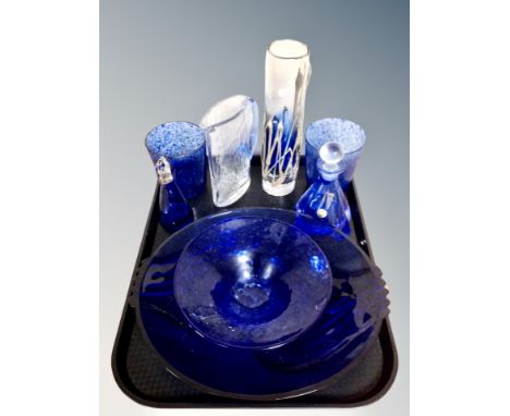 A tray of coloured glass, blue glass continental bowl, coloured art glass 