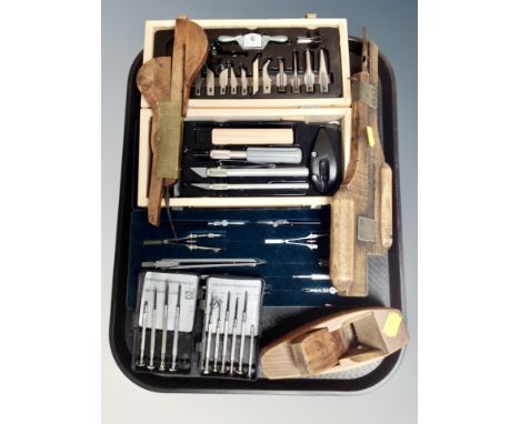 A tray of precision instruments : screw driver set, draughtsman's case,  cutting tools etc 