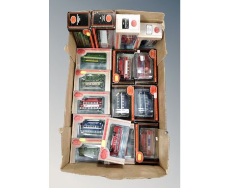 A box of sixteen Exclusive first edition die cast buses, boxed 