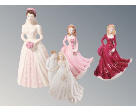 Royal Doulton figure Wedding Celebration, three Royal Worcester figures, Rebecca, Sarah, Bride and Groom 